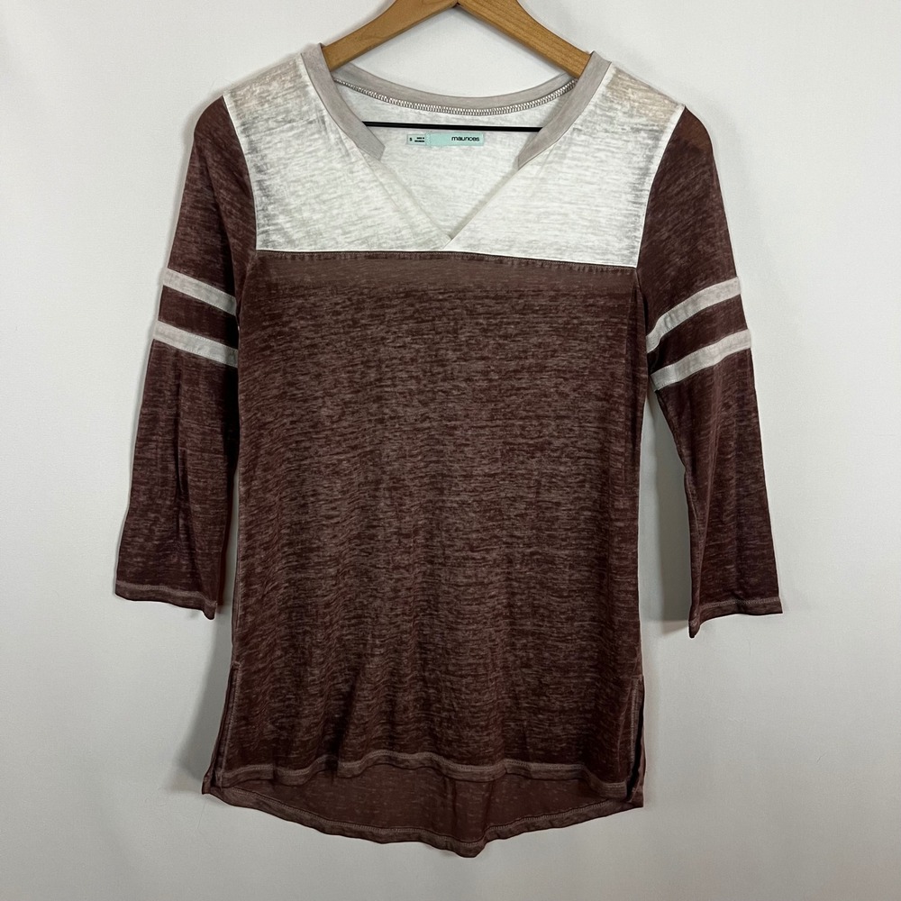 Maurices Top Women Small‎ Colorblock Split V-Neck 3/4 Sleeve Blouse Baseball Tee